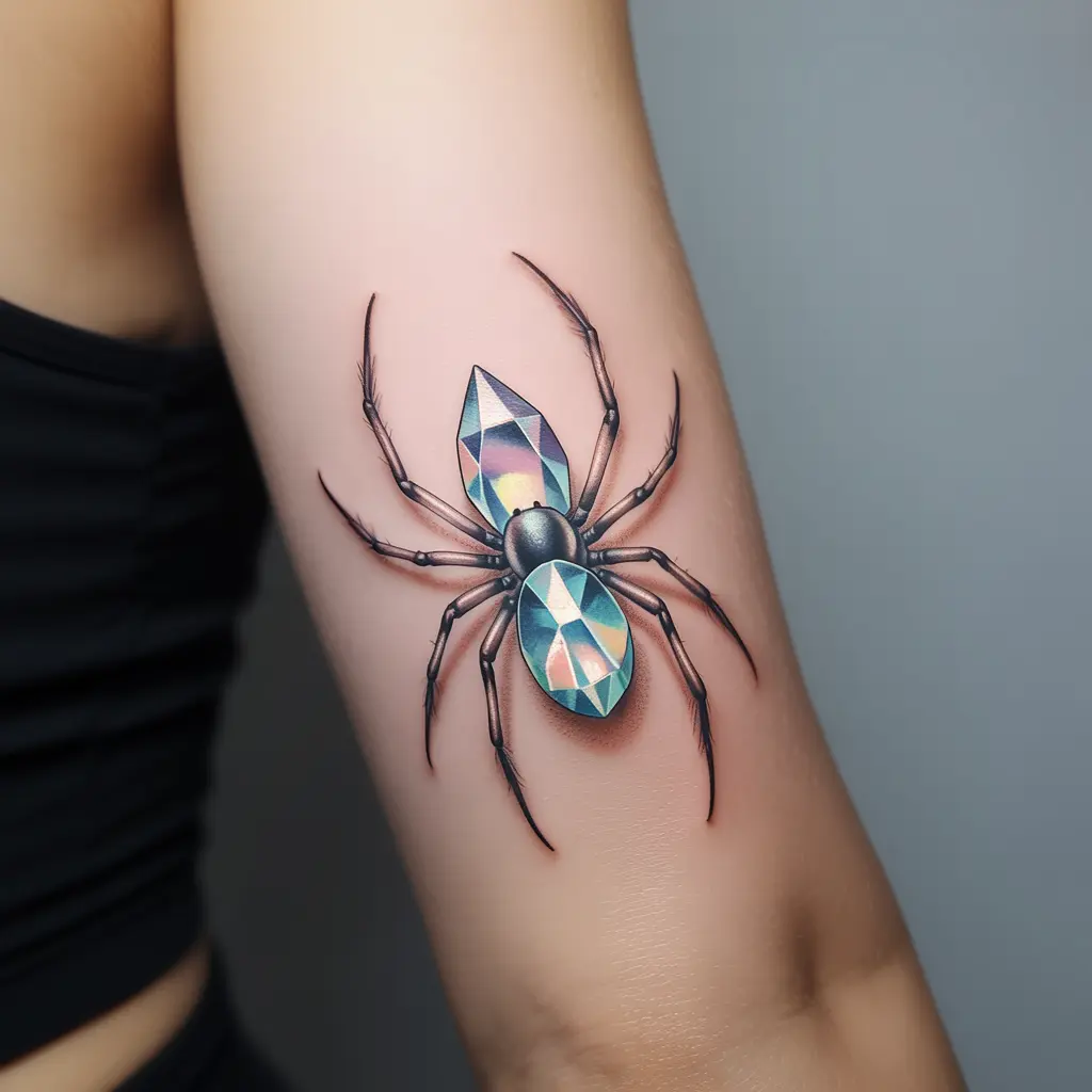 Crystal spider tattoo design on a woman’s inner forearm, sparkling gemstone body for a unique and delicate Spider Tattoo Design.