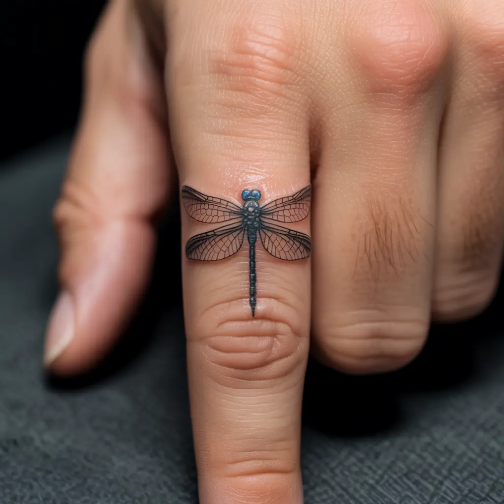 Dragonfly Finger Tattoo – Colorful dragonfly tattoo on a man’s finger, delicate and artistic finger tattoos for men.

