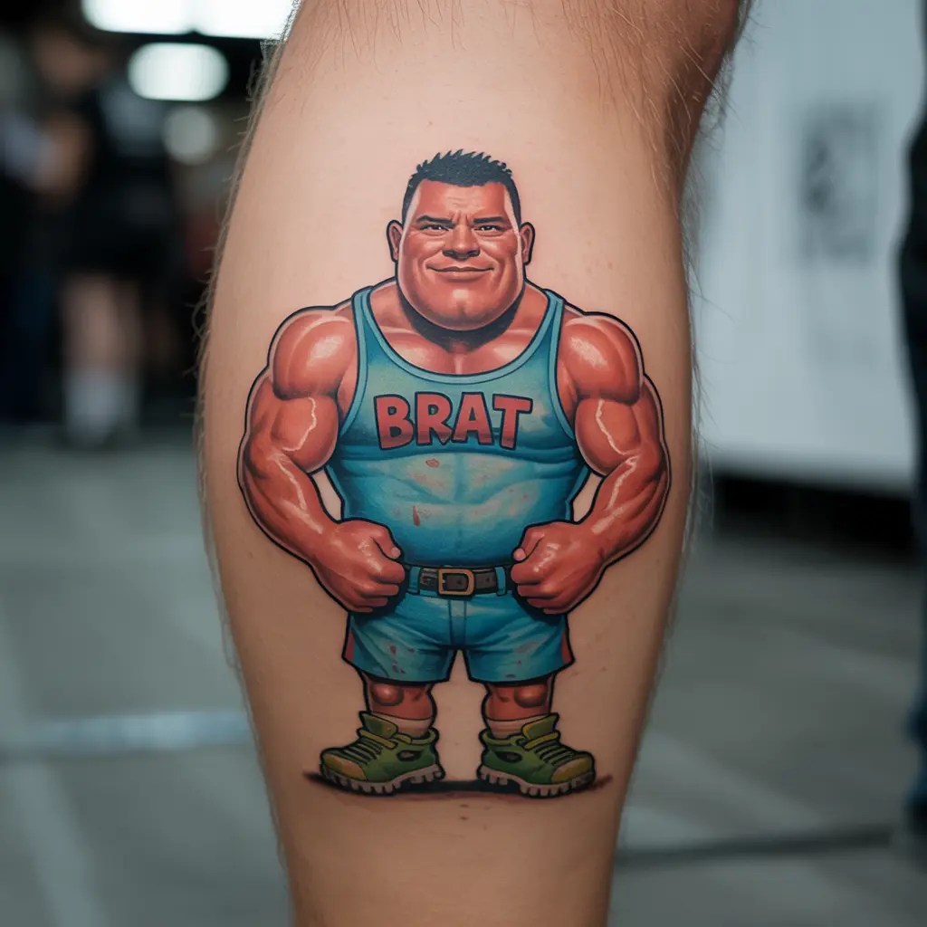 Small tattoos for men – colorful cartoon muscleman tattoo wearing brat tank, humorous calf design

