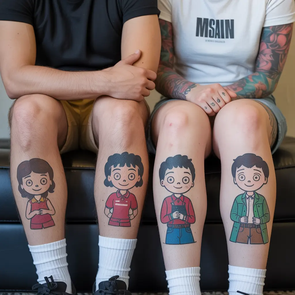 Cartoon-inspired matching tattoos for best friends celebrating love, nostalgia, and shared memories.

