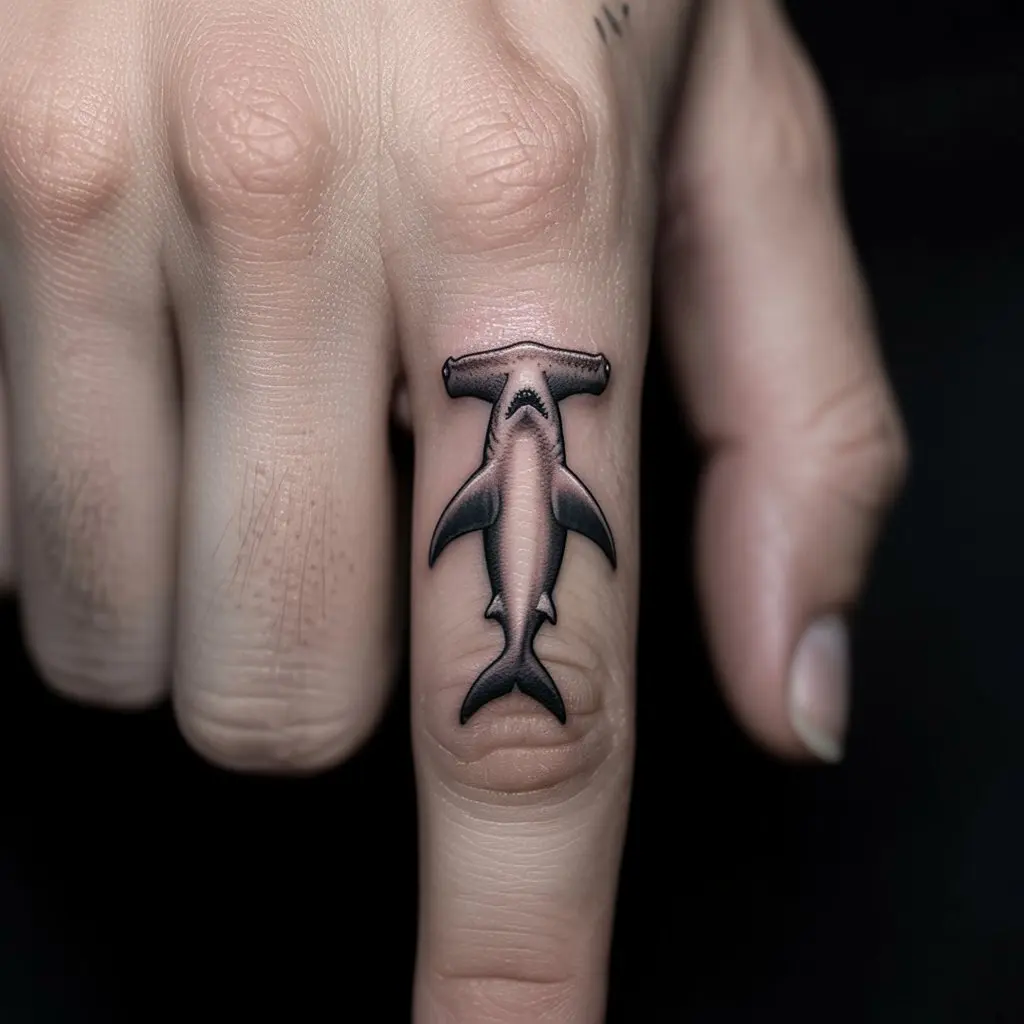 Hammerhead Shark Finger Tattoo – Hammerhead shark design on a man’s finger, unique marine-themed finger tattoos for men.


