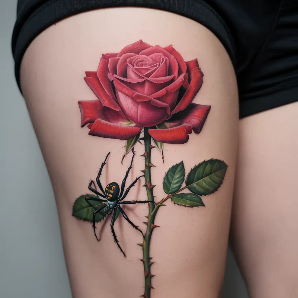 Spider crawling on a rose stem tattoo design, placed on a woman’s thigh, combining floral beauty with bold spider symbolism.