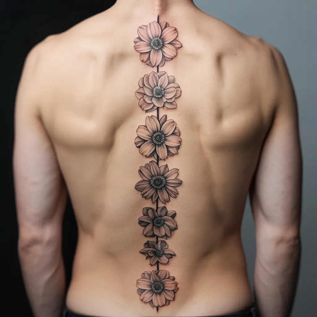 Vertical flower ladder spine tattoo for women with stacked floral blooms from neck to lower back.

