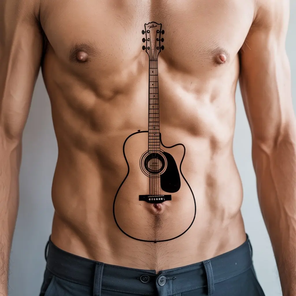 Small tattoos for men – guitar silhouette tattoo in black linework on torso, minimalist ink for music lovers

