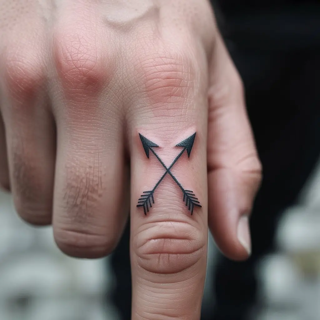 Crossed Arrows Finger Tattoo – Two crossed arrows tattooed on a man’s finger, minimal and stylish finger tattoos for men.


