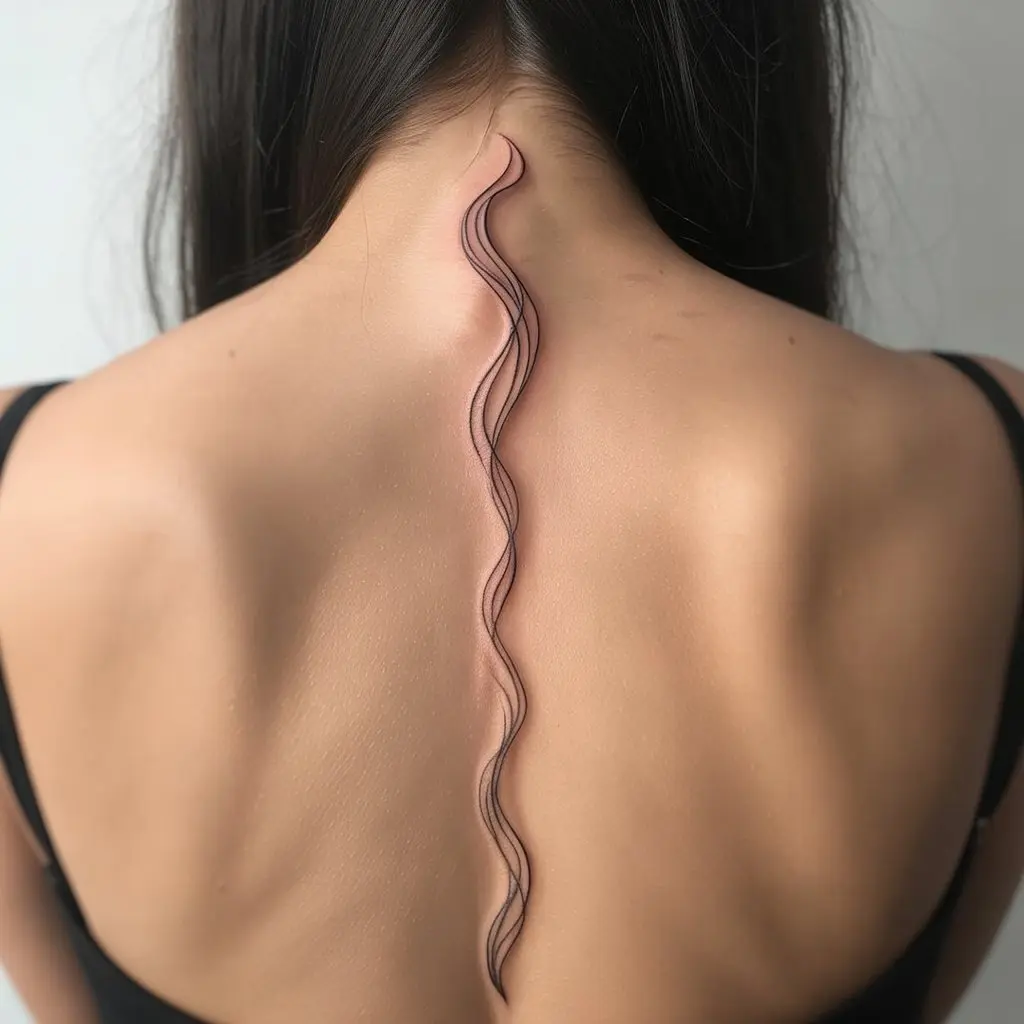Ocean wave line spine tattoo for women with a flowing single-line wave design along the spine.

