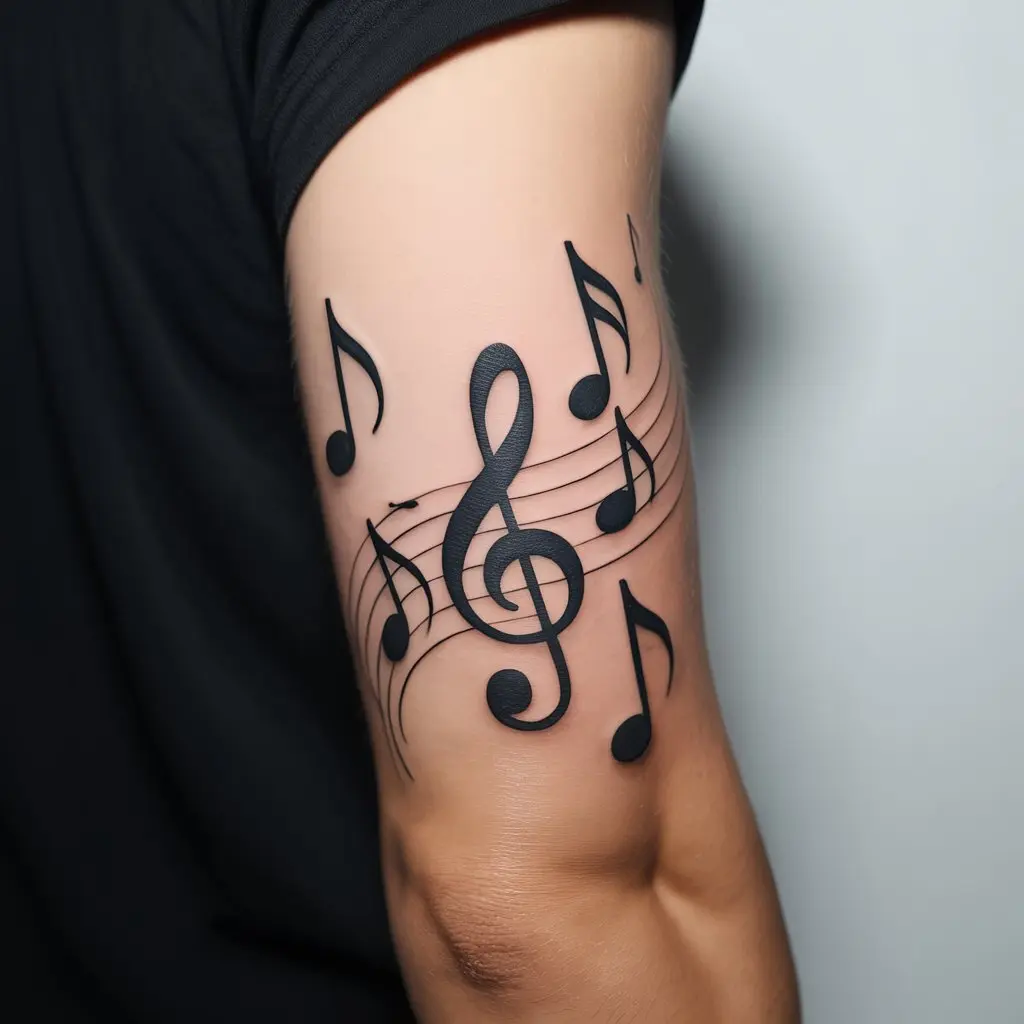 Small tattoos for men – floating music notes and treble clef tattoo on forearm, artistic musical design

