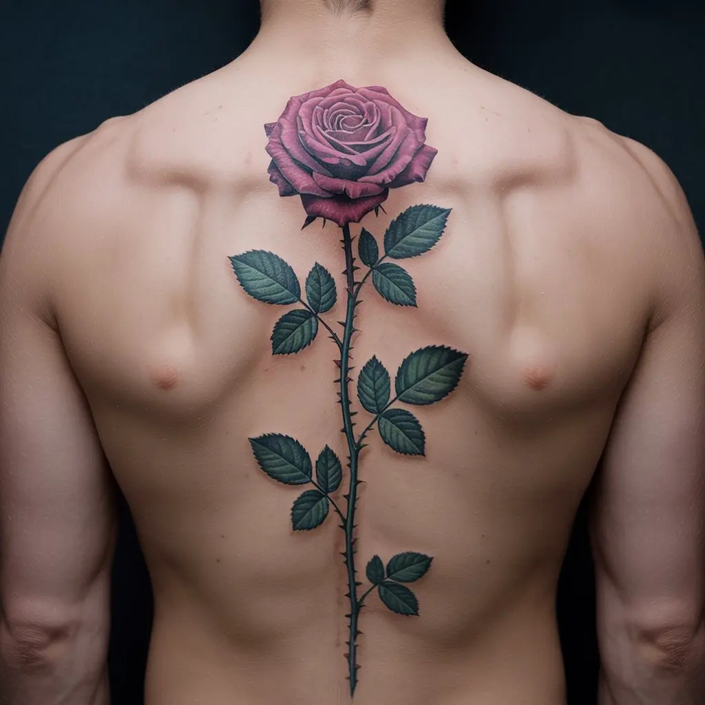 Rose stem spine tattoo for women with a blooming rose and sharp thorns inked vertically along the back.

