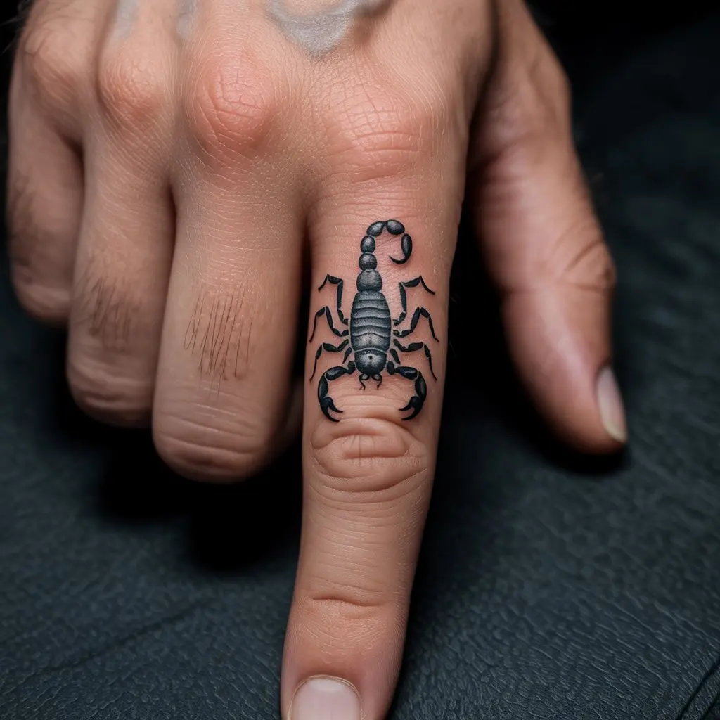 Scorpion Finger Tattoo – Realistic scorpion design on a man’s finger, sharp and fierce finger tattoos for men.

