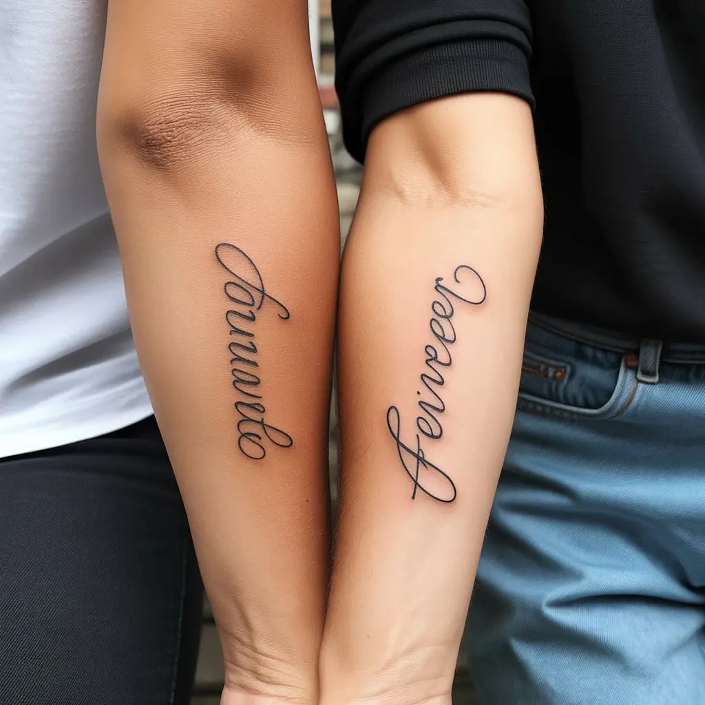 Typography or script-style matching tattoos for best friends featuring meaningful words or quotes.

