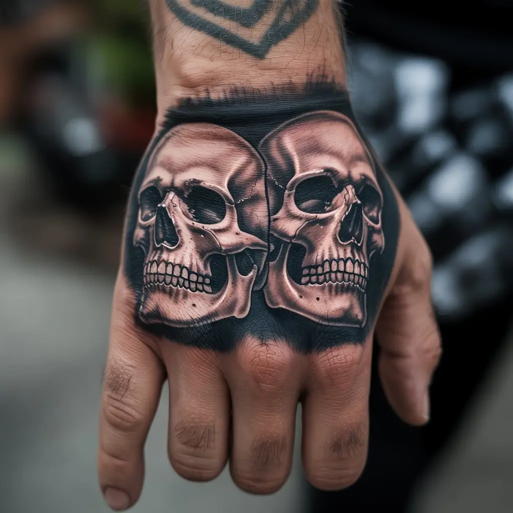 Small tattoos for men – double skull hand tattoo with bold linework and brutal detail, intense masculine design 