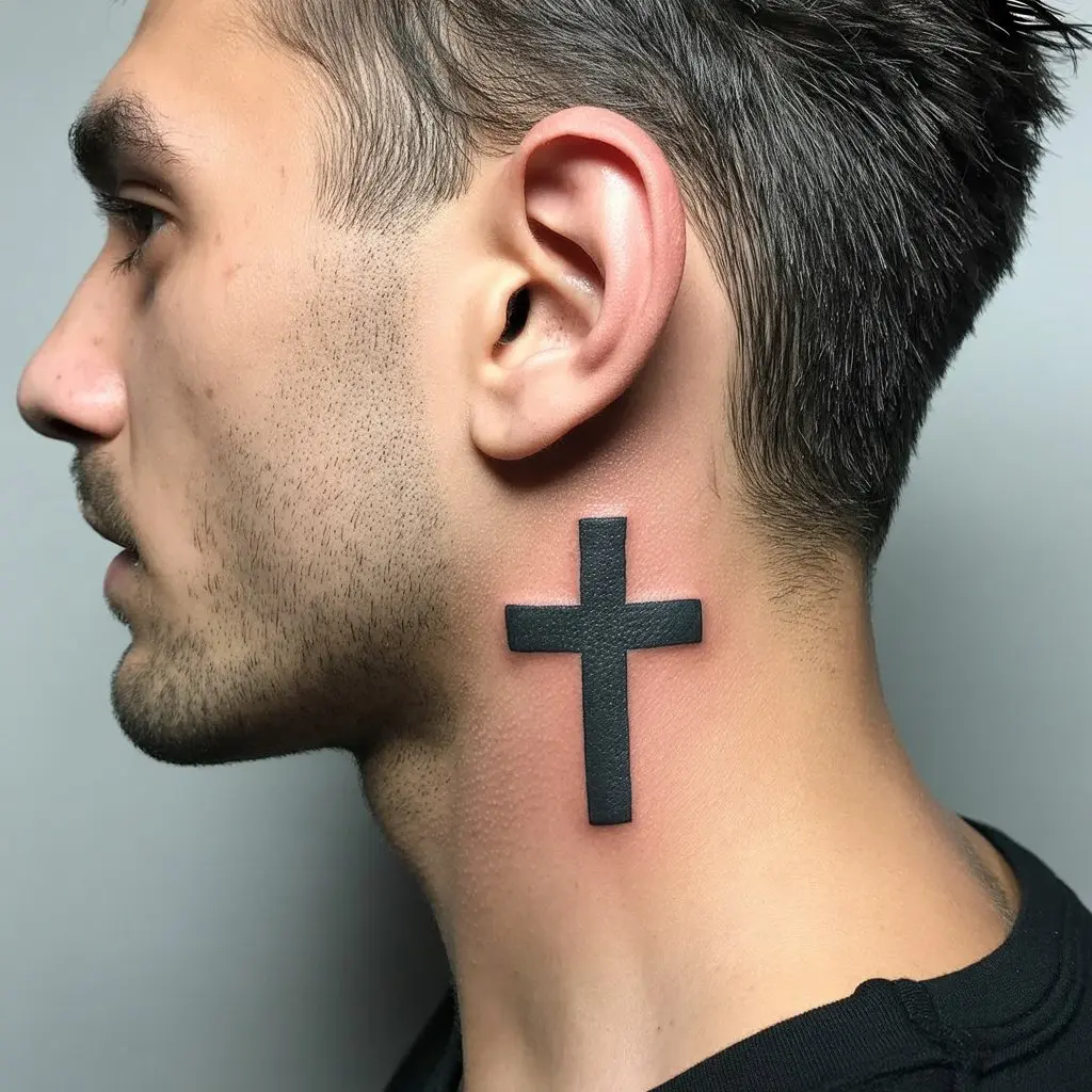 Cross Neck Tattoo
Minimalist cross neck tattoo for men placed below the ear, featuring bold black ink and clean design for a masculine, spiritual look.