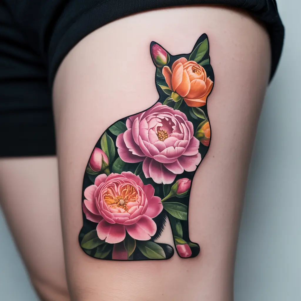 Floral Cat Silhouette Elegant floral cat silhouette tattoo filled with roses and peonies, combining floral tattoos with classic cat tattoos for a feminine look.