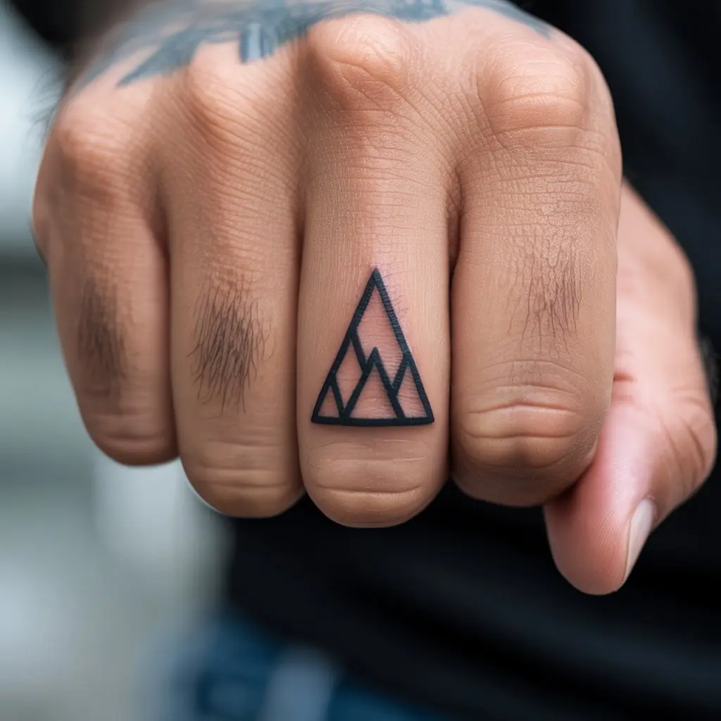 Geometric Mountain Finger Tattoo – Clean black geometric mountain design on a man’s finger, minimalist yet striking finger tattoos for men.