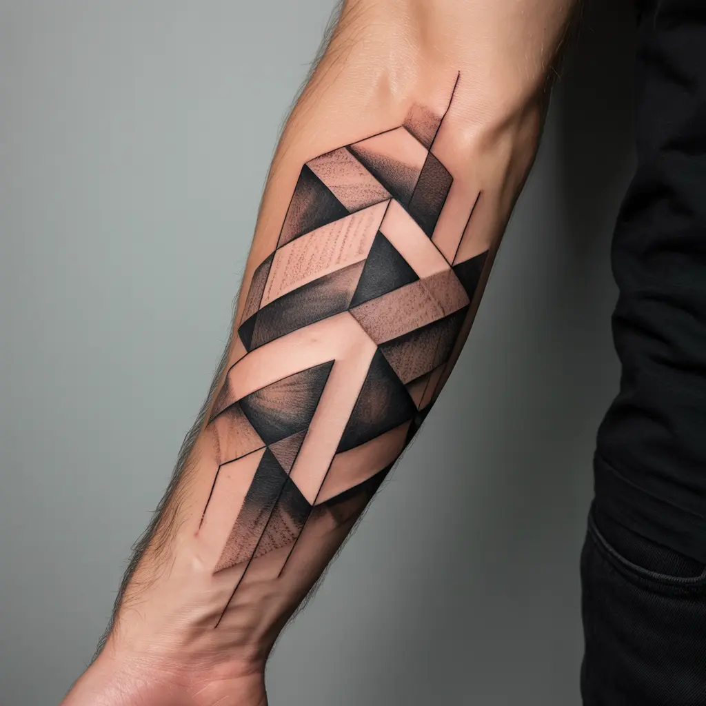 Geometric hand tattoo design for women with interlocking cube and triangle patterns, offering a modern, stylish look.