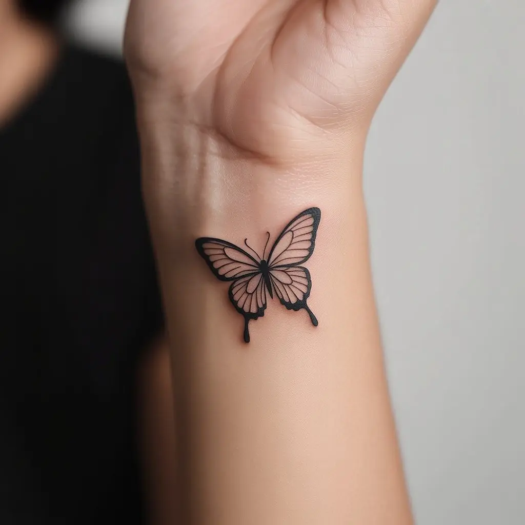 Minimalist Single-Line Butterfly Tattoo on Wrist – Minimalist single-line butterfly tattoos for women on the wrist, delicate black ink with simple, clean design.

