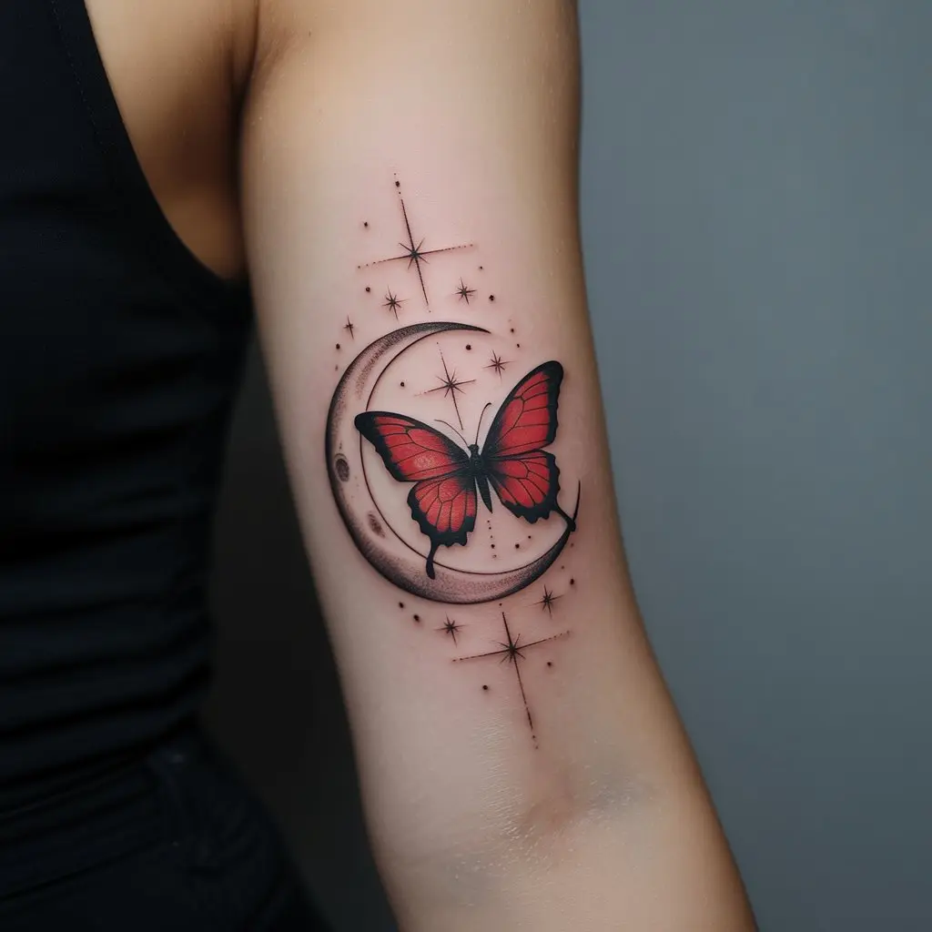 Red butterfly tattoo with crescent moon and star details on forearm – mystical red butterfly tattoo concept.

