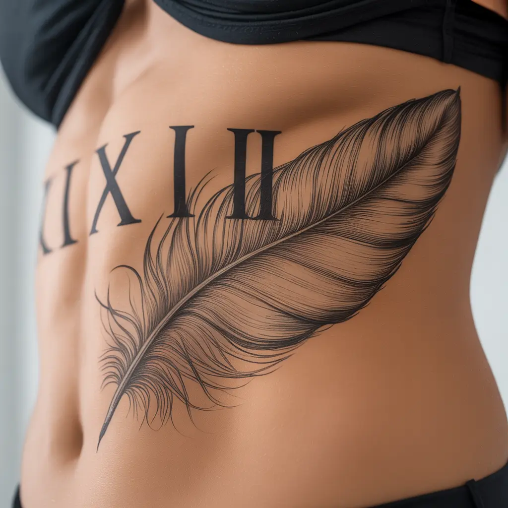 3. Roman Numeral With Feather Design
Alt Text:
Delicate Roman numeral and feather tattoo along a woman's ribcage, blending softness with meaning — a graceful take on symbolic Roman numeral tattoos for women.