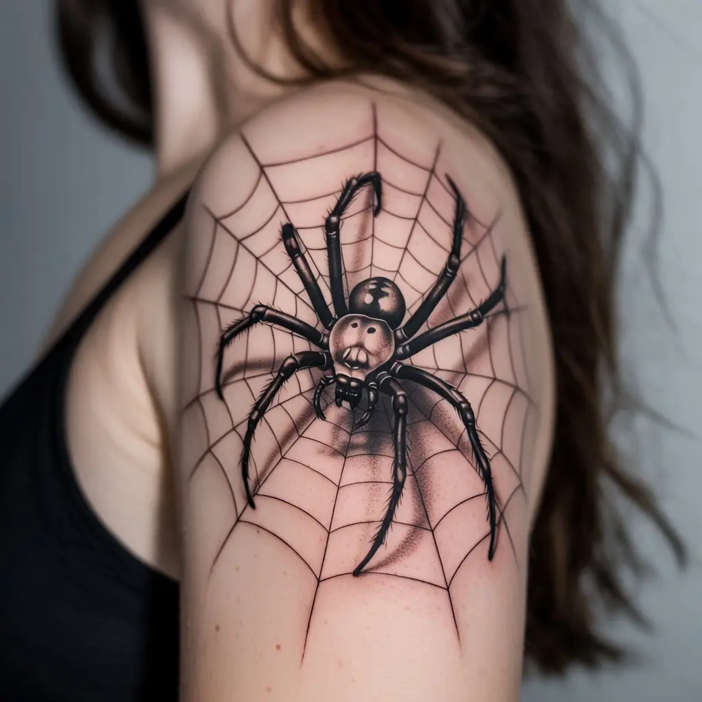  Realistic spider and web tattoo design on a woman’s shoulder blade, detailed Spider Tattoo Design with delicate web patterns.