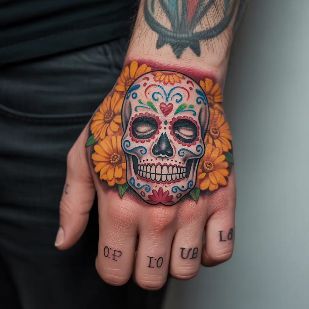 Colorful sugar skull hand tattoo in Day of the Dead style, featuring marigolds and hearts — vibrant Mexican tattoos with traditional symbolism.