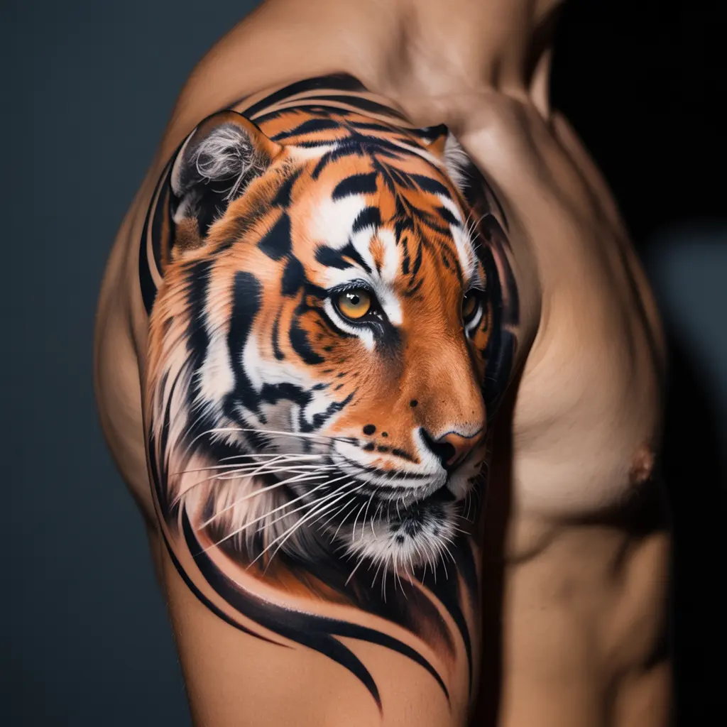  Tribal tiger tattoo design on shoulder blade blending bold tribal lines with subtle tiger face realism, creating a striking shoulder tattoo.