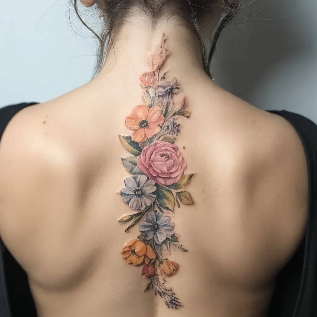Watercolor floral trail spine tattoo for women with soft pastel flowers cascading vertically down the spine.

