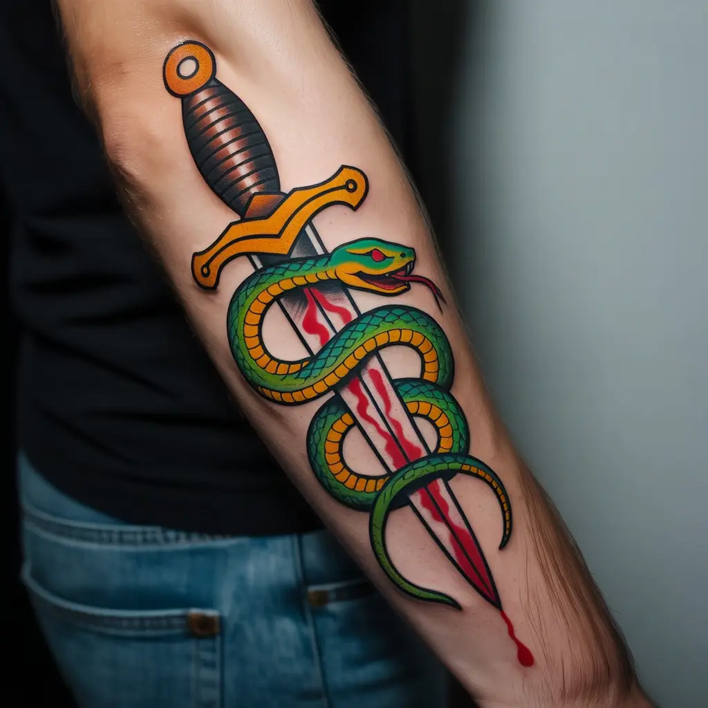 31. Vibrant Snake and Dagger Tattoo