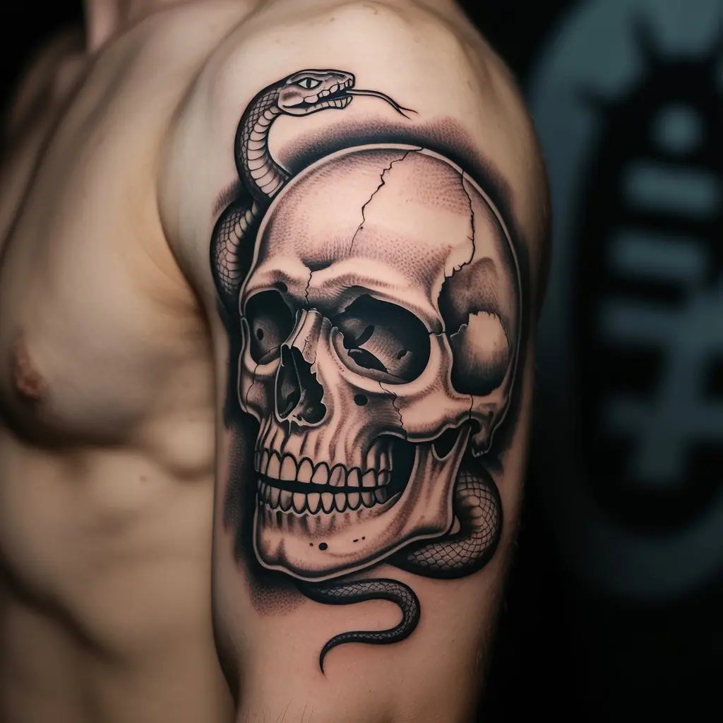 33. Mesmerizing Skull and Serpent Tattoo