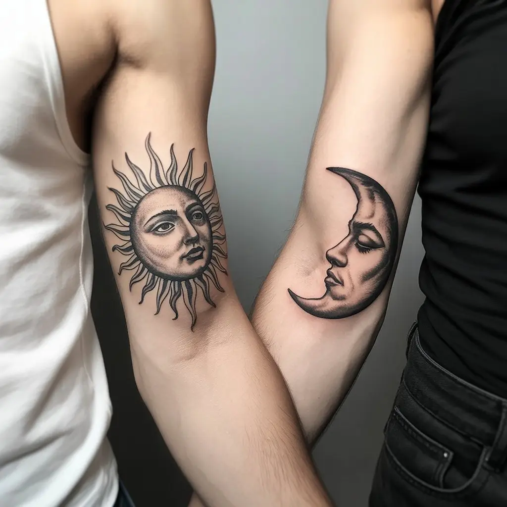 Matching tattoos for best friends featuring sun and moon elements for harmony and eternal friendship.

