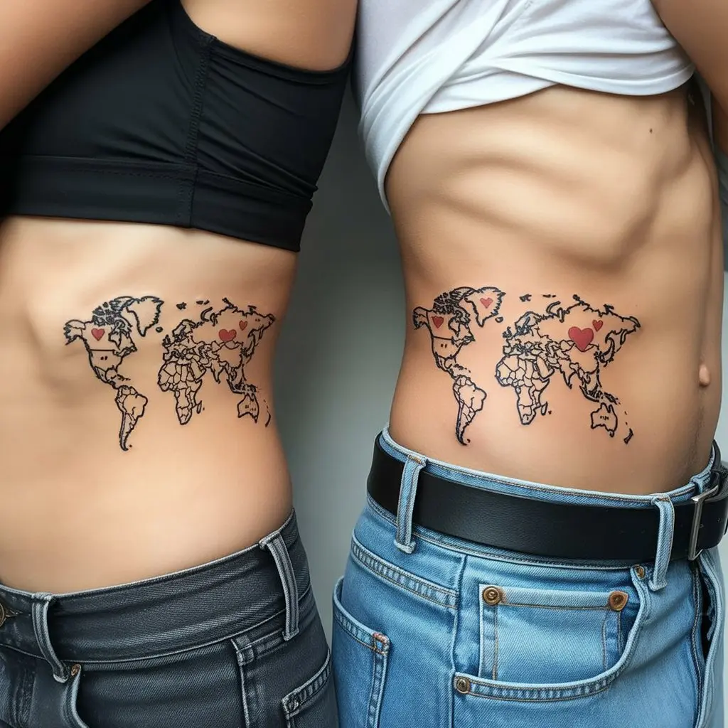 World map or travel-themed matching tattoos for best friends celebrating adventures together.

