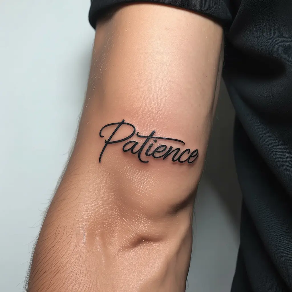 Small tattoos for men – script tattoo of the word “Patience” on inner bicep, minimalist one-word ink with deep meaning 