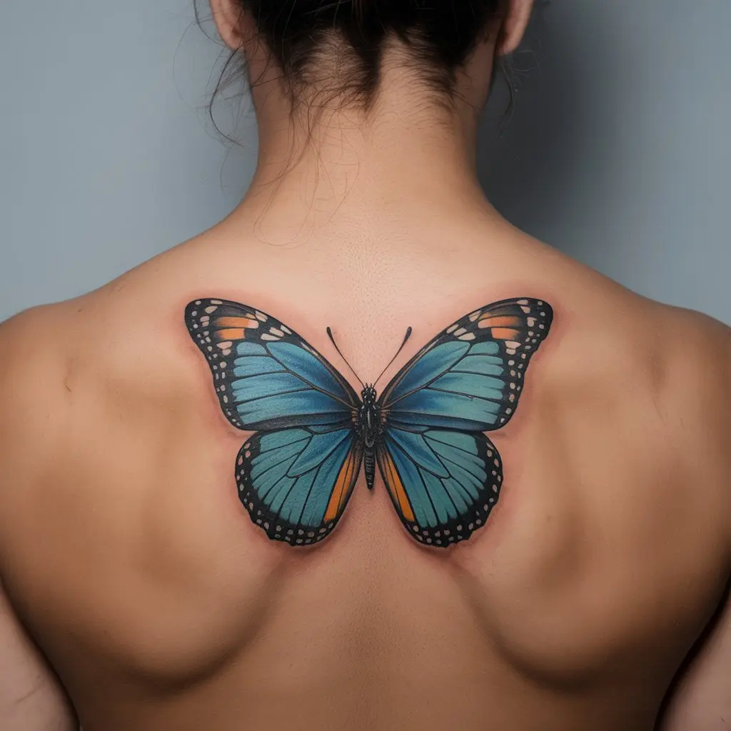 Blue Monarch Butterfly Tattoo on Back – Blue monarch butterfly tattoos for women on the upper back, showcasing vivid blue tones and realistic patterns.

