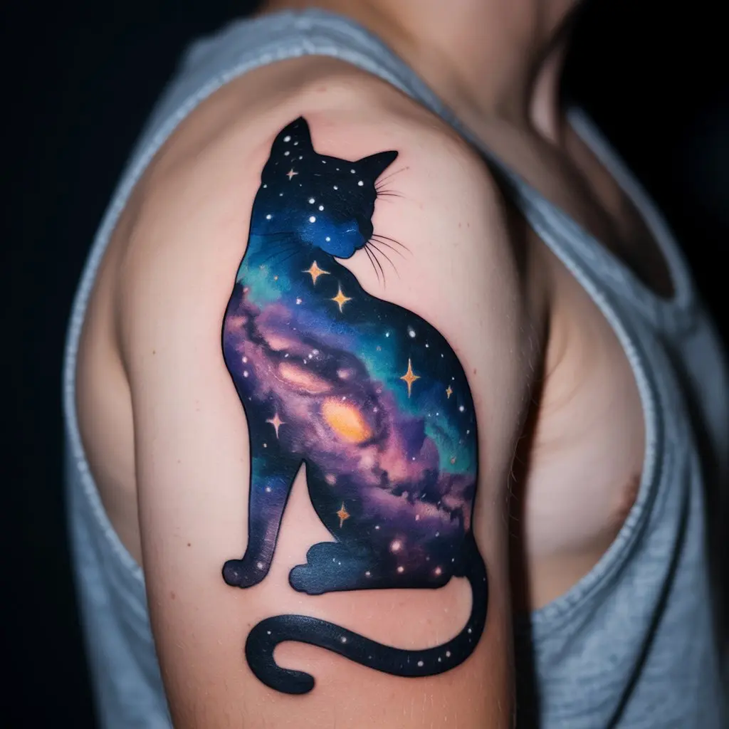 Cat Silhouette With a Starry Night Sky Cosmic-themed cat tattoo featuring a starry night sky within a cat silhouette, perfect for lovers of celestial and cat tattoos.