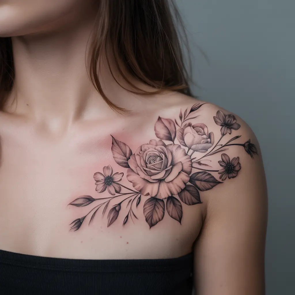 Elegant floral hand tattoos for women showcasing detailed roses and wildflowers in black and grey ink for a natural aesthetic.