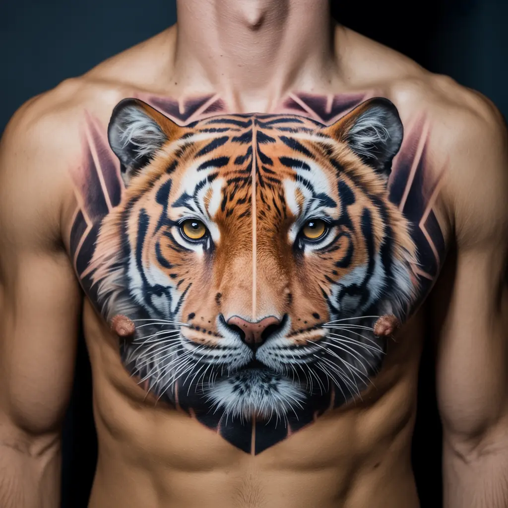 Geometric tiger tattoo design inked on the chest, combining abstract shapes with a realistic tiger face for a bold, artistic look.