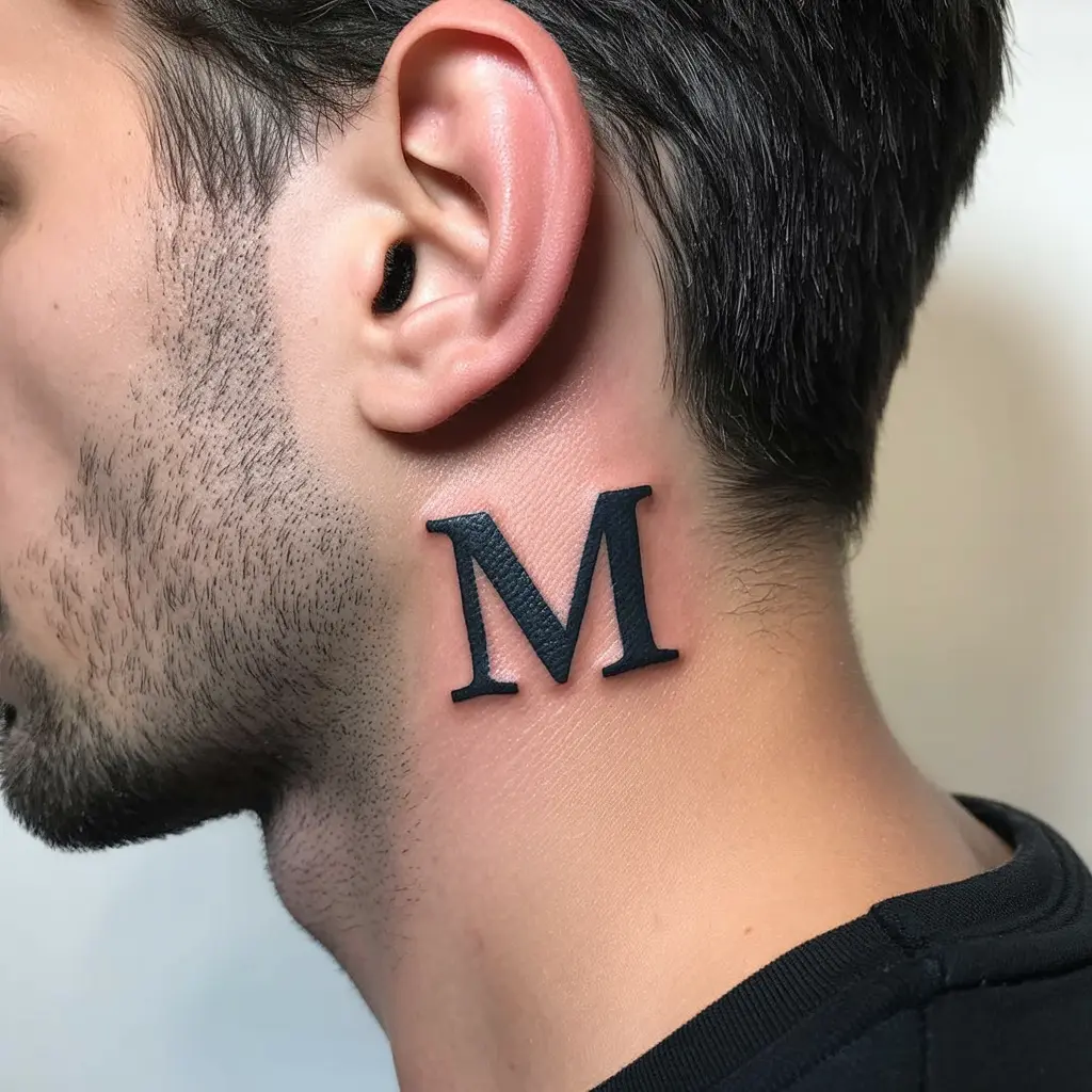 Name Initial Neck Tattoo
Stylish name initial neck tattoo for men, featuring a bold serif letter behind the ear with crisp black linework and modern style.