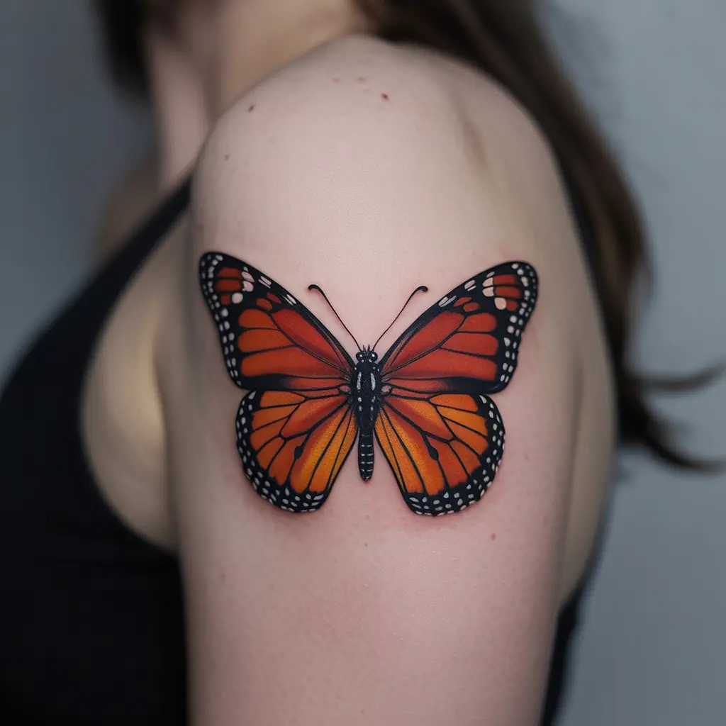 Hyper-realistic red monarch butterfly tattoo on shoulder blade – detailed red butterfly tattoo design.

