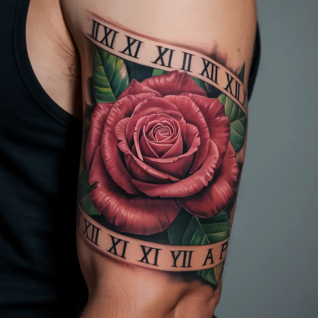4. Roman Numeral Rose Tattoo
Alt Text:
Realistic rose tattoo with Roman numerals entwined in the stem on a man's bicep, merging floral beauty with date symbolism — a stunning example of Roman numeral tattoos with flowers.

