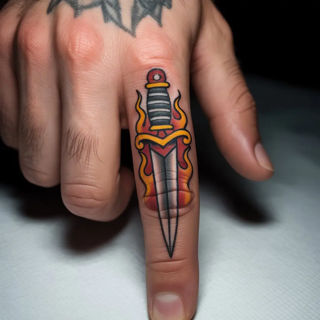 Traditional Dagger and Flames Finger Tattoo – Bold dagger with flames tattooed on a man’s finger, traditional style finger tattoos for men.

