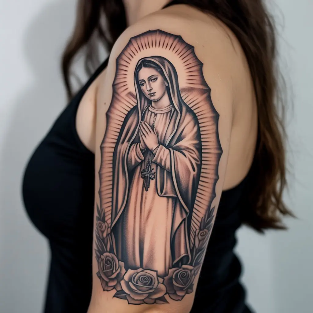 Black and grey Virgin of Guadalupe tattoo on a woman's upper arm and shoulder with roses and divine rays — religious Mexican tattoos for women.