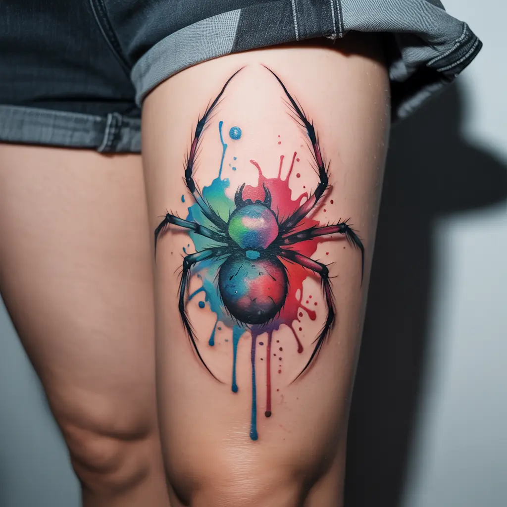 Colorful watercolor spider tattoo design on a woman’s thigh, vibrant spider tattoo with artistic splash effect.