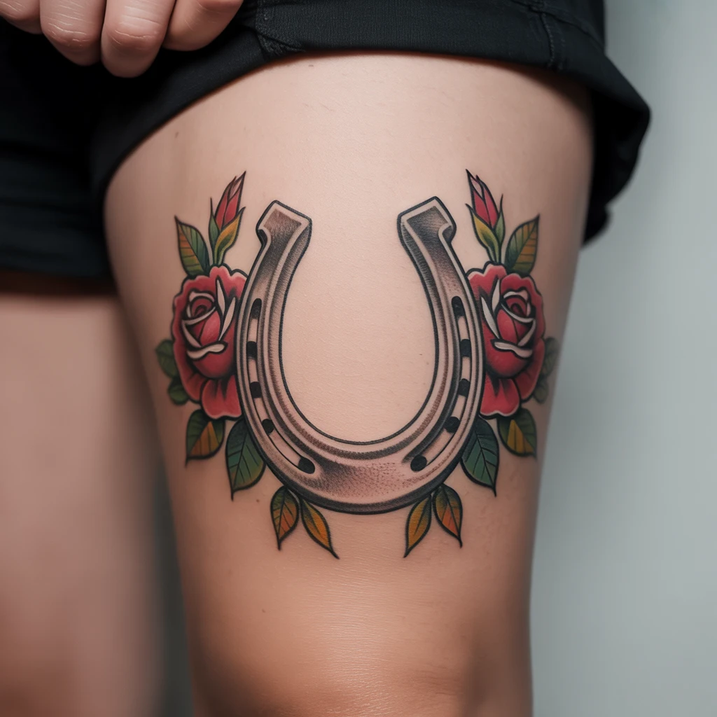 44. Remarkable Horseshoe and Floral Tattoo