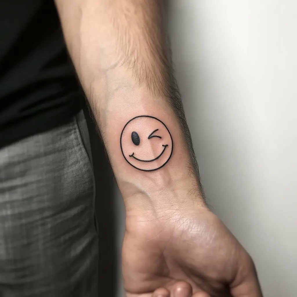 Small tattoos for men – simple winking smile tattoo on wrist, playful and minimalist body art 
