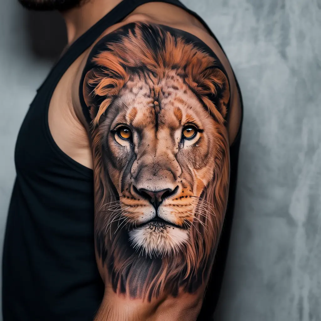 Realistic animal icon tattoo on hand for women, featuring a small lion head in black and grey shading with fierce detail.