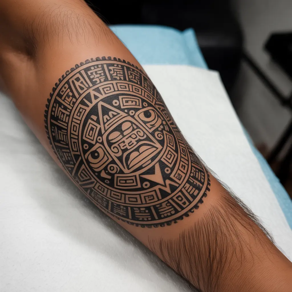 Detailed Aztec calendar tattoo on a man’s forearm, with bold black ink and tribal patterns — iconic Mexican tattoo celebrating ancient culture.