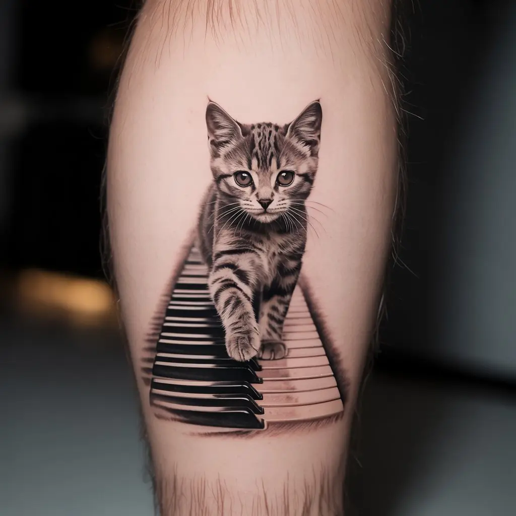 Cat Walking Across Piano Keys Creative tattoo of a cat walking across piano keys, blending music and feline imagery for a distinctive cat tattoo idea.
