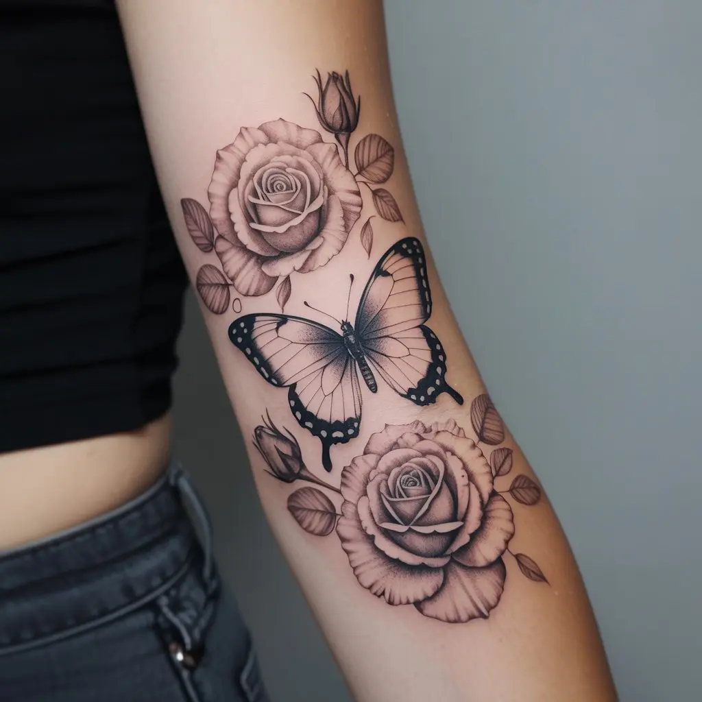 Floral Butterfly Tattoo with Roses on Forearm – Floral butterfly tattoos for women combined with roses on the forearm, rich details and vibrant colors.


