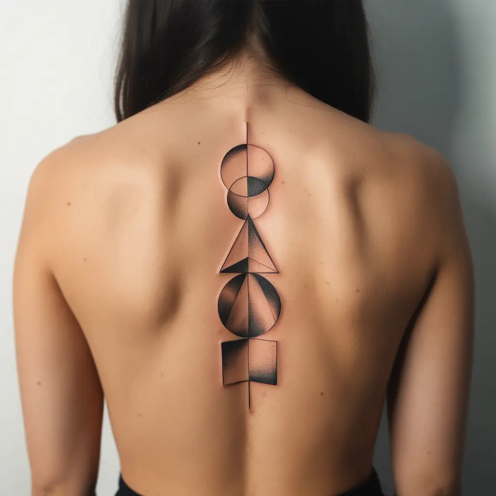 Geometric stack spine tattoo for women with vertically aligned shapes like circles, triangles, and squares in clean black ink.

