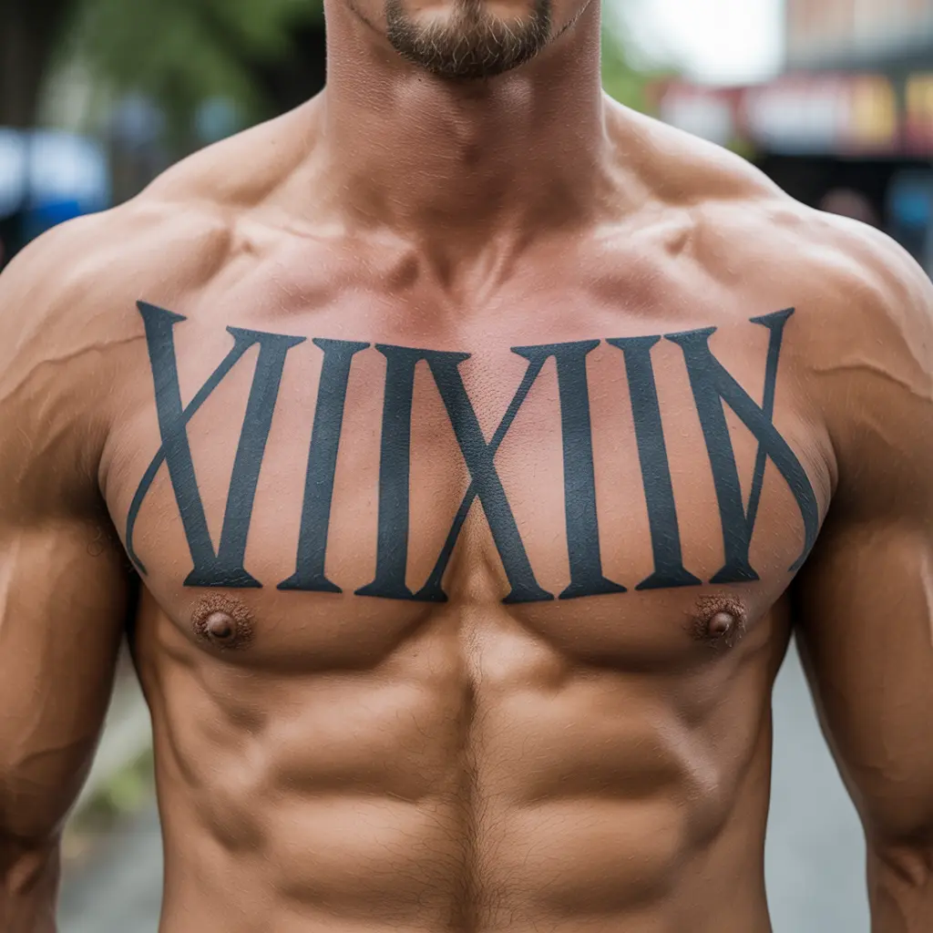 5. Large Roman Numeral on the Chest
Alt Text:
Bold Roman numeral tattoo stretched across a man’s chest in black ink, exuding confidence and significance — a standout piece in large Roman numeral tattoos for men.

