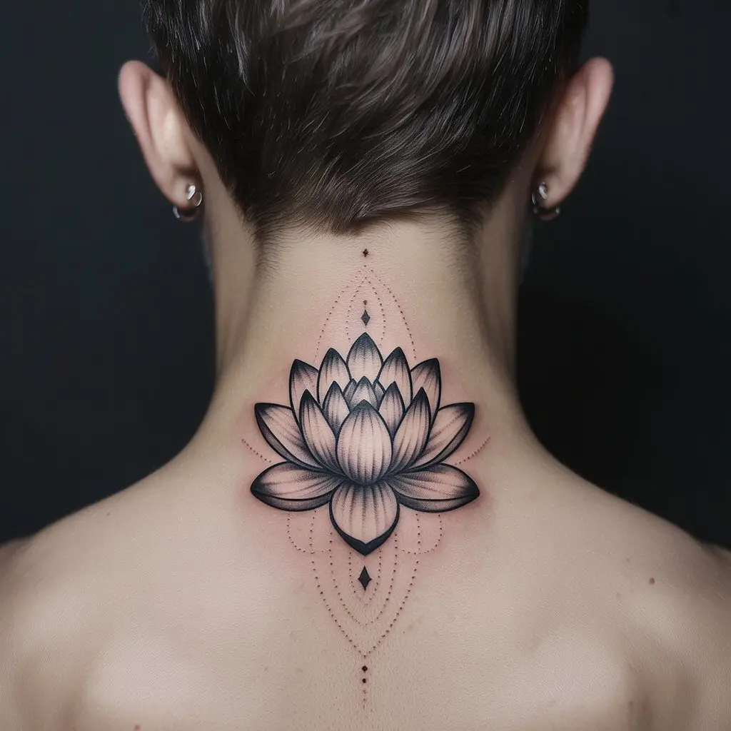 Lotus Neck Tattoo
Masculine lotus flower neck tattoo for men on the back of the neck, with fine-line geometric detailing in black ink for a spiritual design.